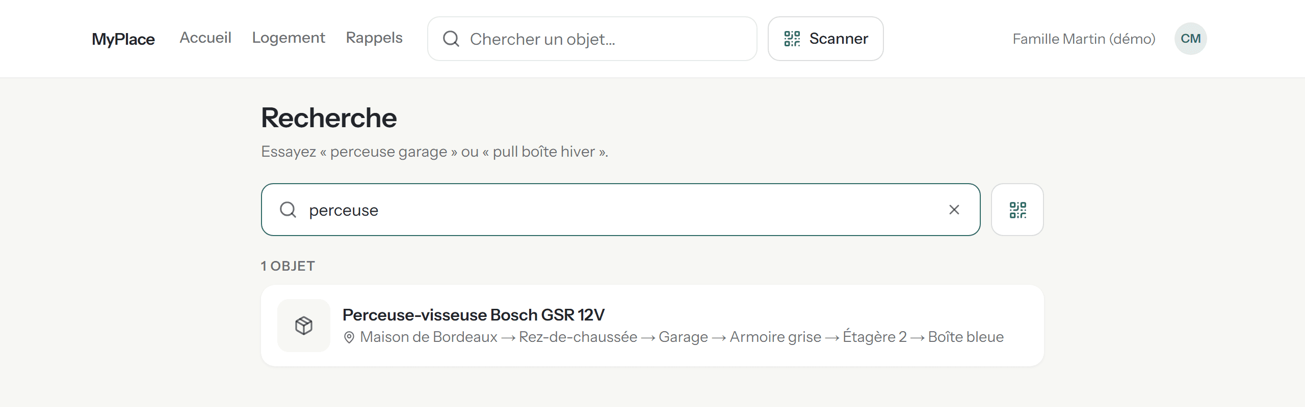 Résultat de recherche « perceuse » montrant le chemin complet Maison de Bordeaux → Rez-de-chaussée → Garage → Armoire grise → Étagère 2 → Boîte bleue.