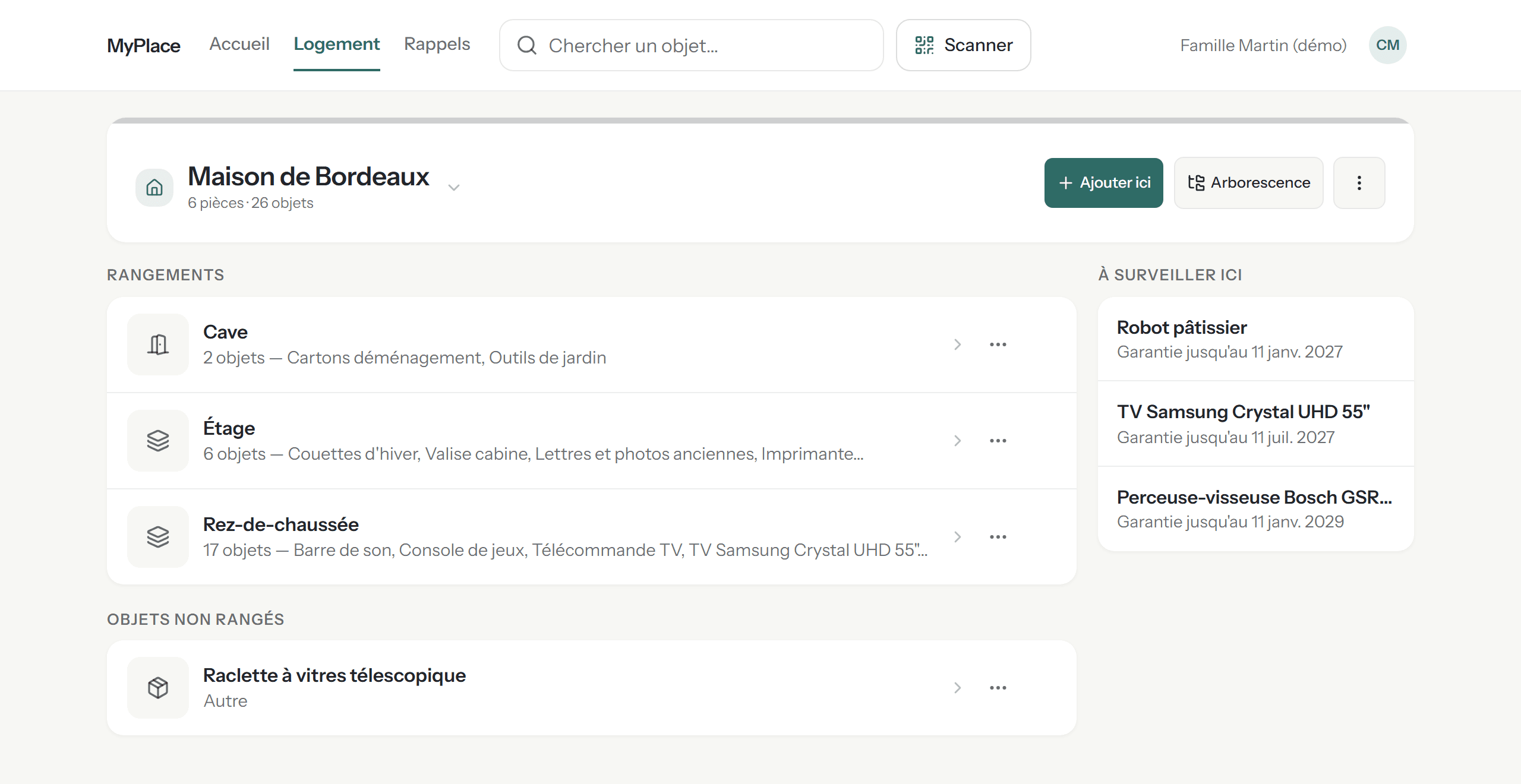 Vue logement du compte de démonstration, avec les rangements imbriqués, les objets à surveiller et les objets non rangés.